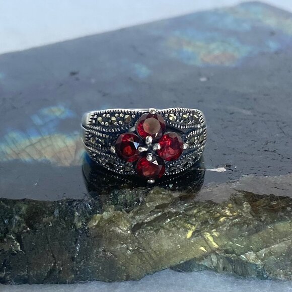 Sterling Silver 925 Multi Gemstone Garnet & Marcasite Floral Band Ring Sz 6.25 - Picture 16 of 16